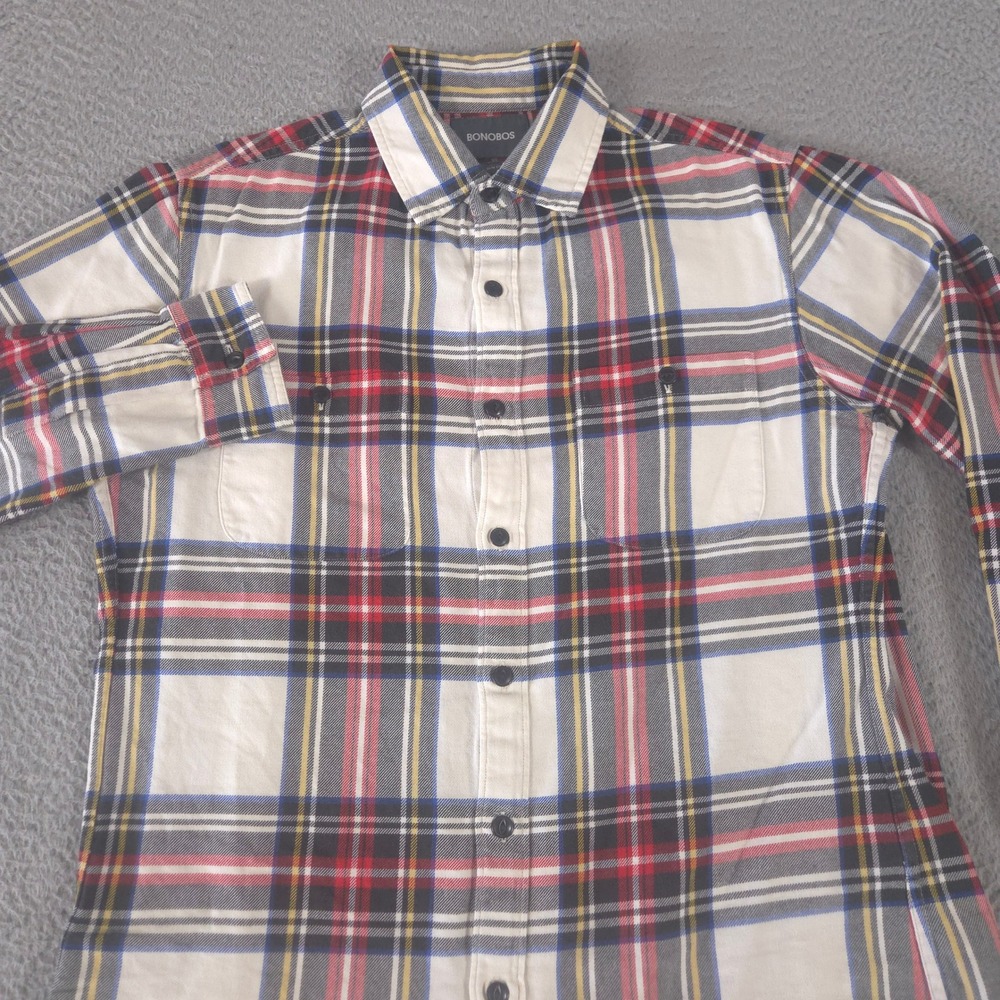 Bonobos Shirt‎ Mens M White Red Navy Plaid Slim Fit 100% Cotton Flannel Pockets